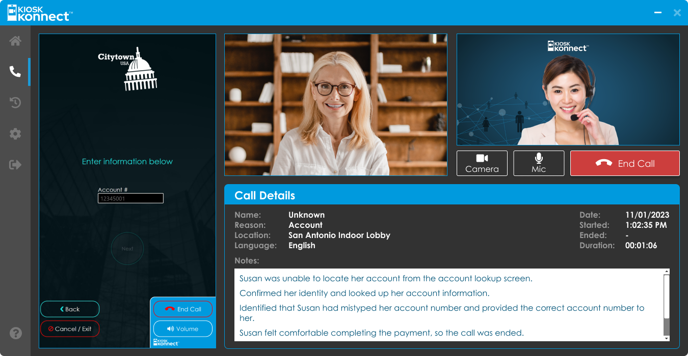 A screenshot of the Kiosk Konnect application. A view of video conferencing from the agent's screen. The agent and customers' videos are visible, as well as a 'Call Details' section and the kiosk's current screen displayed.