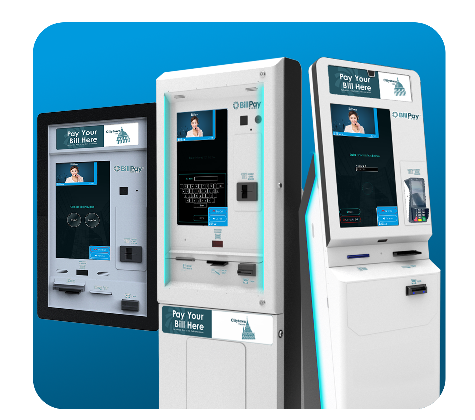 Three DynaTouch BillPay Kiosks in a row, with video conferencing on their screens.